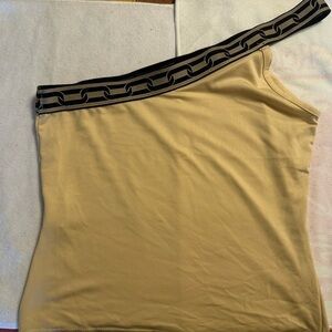 Asymmetrical Tan Top with Black Chain Accent
